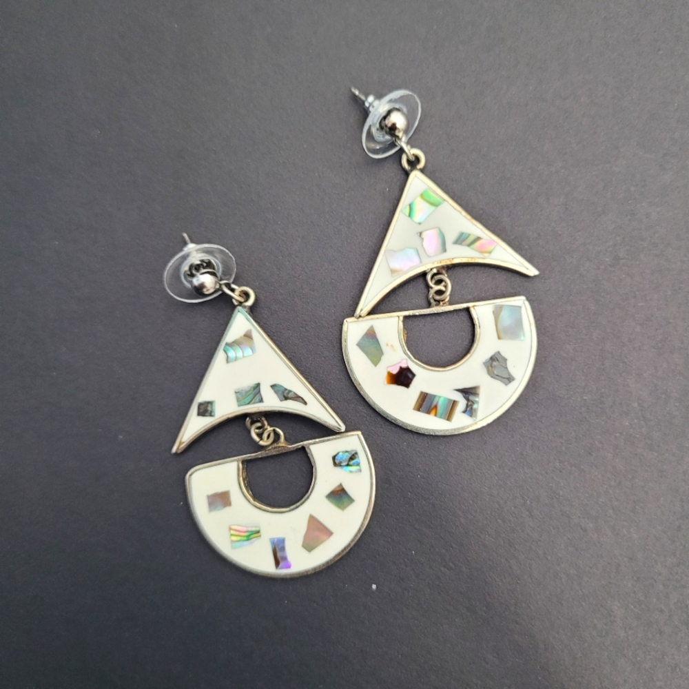 Mexican alpaca silver dangle earrings with inlaid mother of pearl mosaic